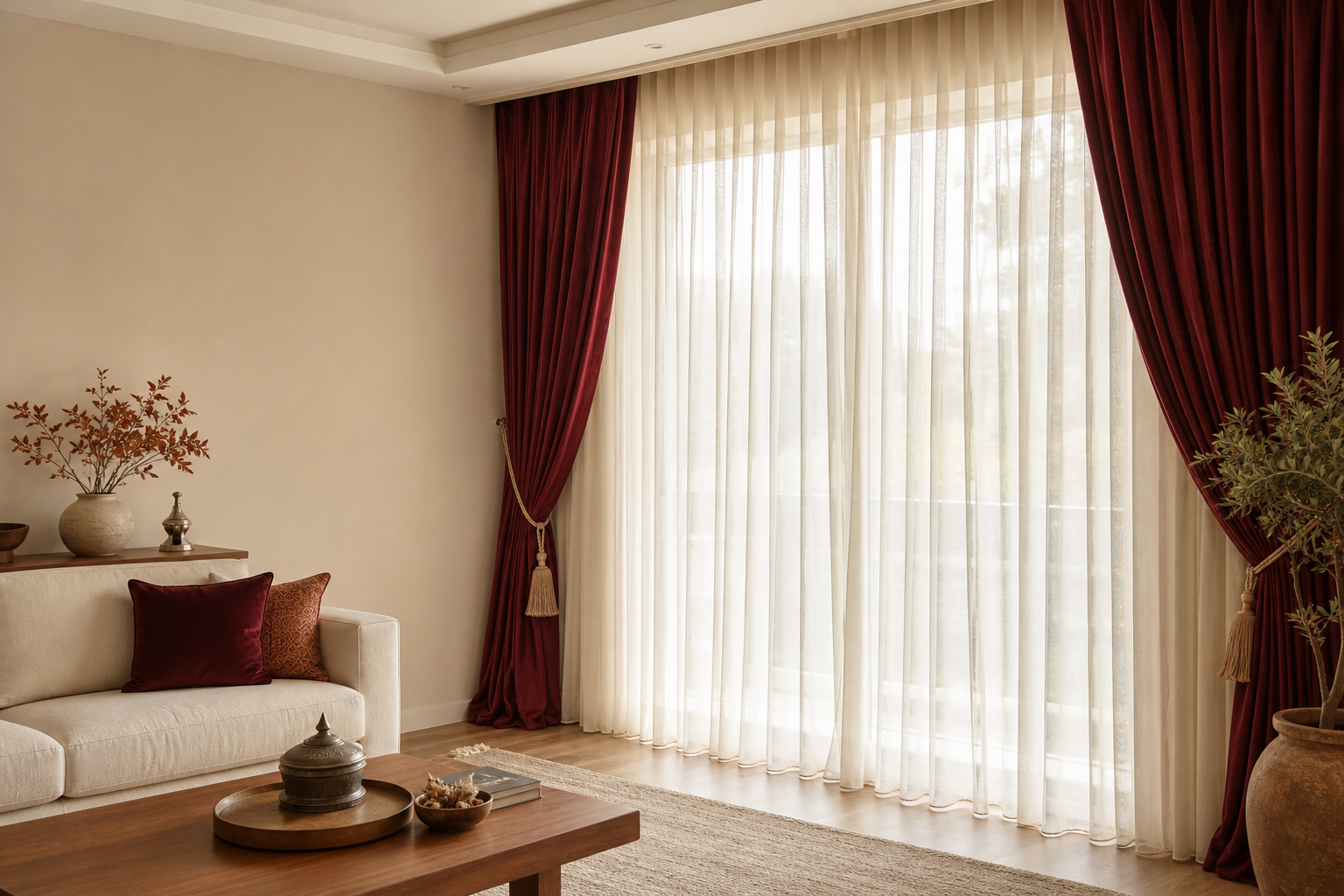 Krem tül ve bordo fon perdelerle dekore edilmiş modern salon