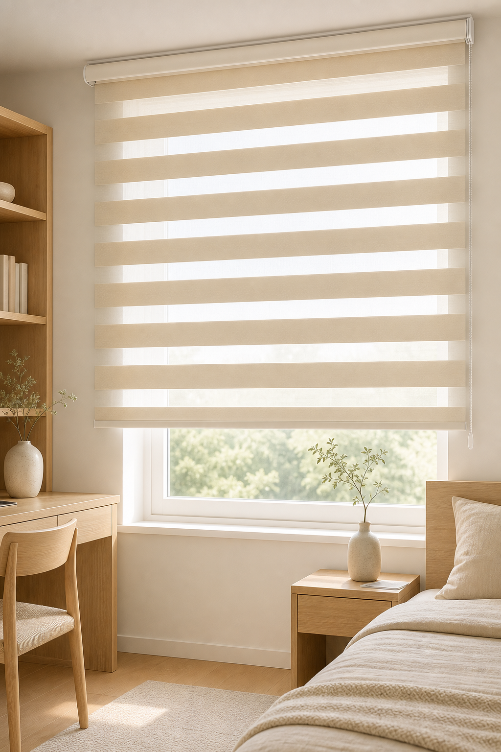 Krem renkli zebra perde uygulanmış modern pencere